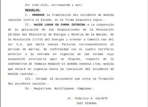  El viernes pasado se conoció la sentencia del juez federal de Ushuaia Federico Calvete, tras el amparo presentado por la Cooperativa Renacer, que sentó precedente en la provincia de Tierra del Fuego.