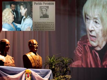 Esther Fadul junto a los bustos de Juan Domingo Perón y Evita. La fueguina, fue diputada durante el primer gobierno de Perón.