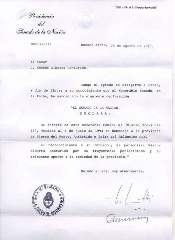 Facsímil de la declaración senatorial.