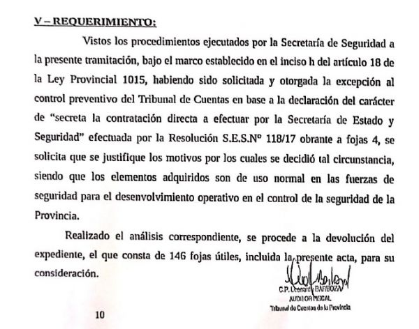 Para el Tribunal de Cuentas, el equipamiento adquirido por la Secretaría de Seguridad no justifica el carácter secreto que se le dio a las compras.