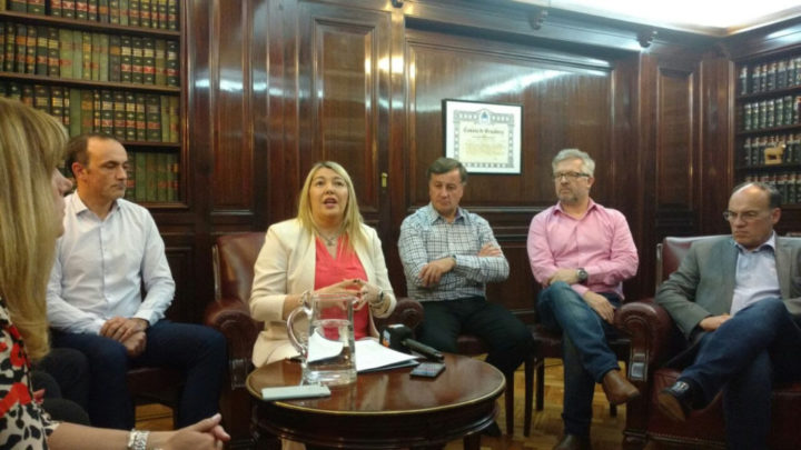 La gobernadora de Tierra del Fuego durante la conferencia de prensa pos encuentro con el Presidente Macri junto a los senadores Julio Catalán Magni, José Ojeda, el ministro de Industria Ramiro Caballero, y el legislador Pablo Blanco.