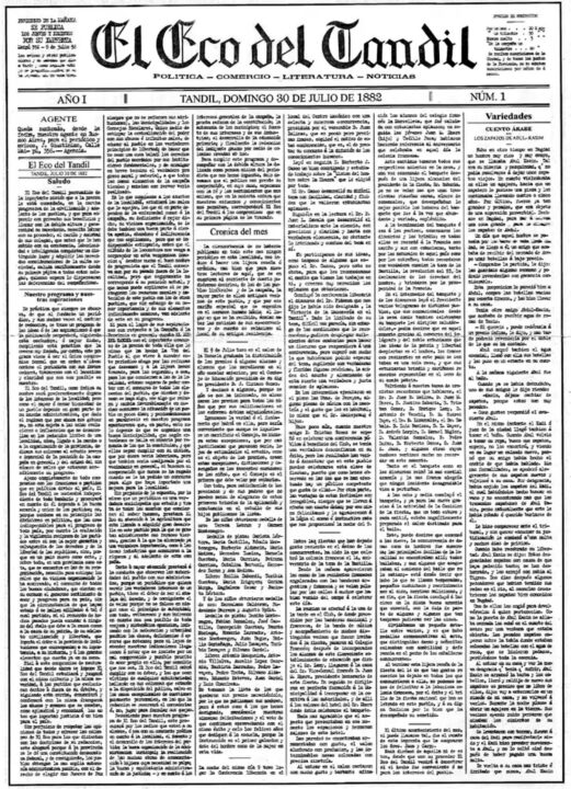 El domingo 30 de julio de 1882 salía por primera vez el diario El Eco de Tandil, fundado por don Juan Jaca. 140 años después sigue contando lo que sucede en Tandil, el país y el mundo.