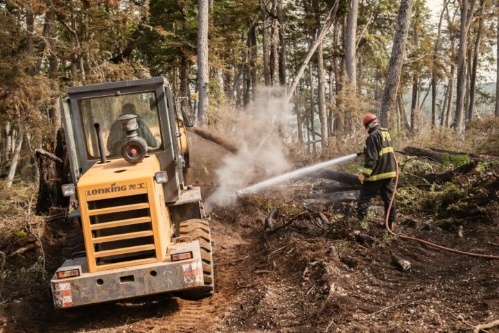 Un brigadista arroja agua para humedecer la zona del bosque donde se hizo un cortafuegos.
