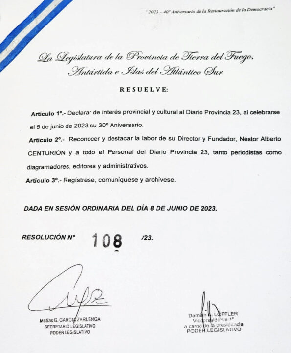 La Resolución de reconocimiento de la Legislatura provincial a Provincia 23.